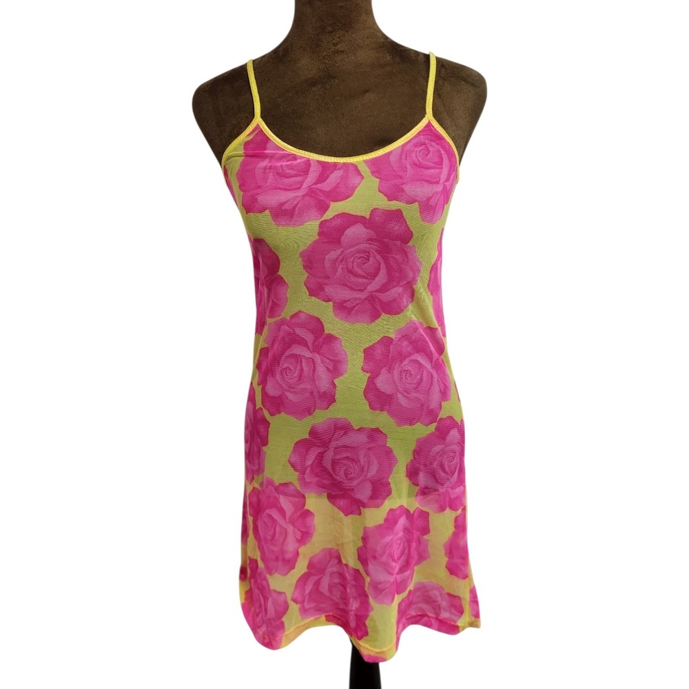 French Jenny Pink Mesh Nightgown Dress Sheer Roses Size M Vintage Y2K Pink